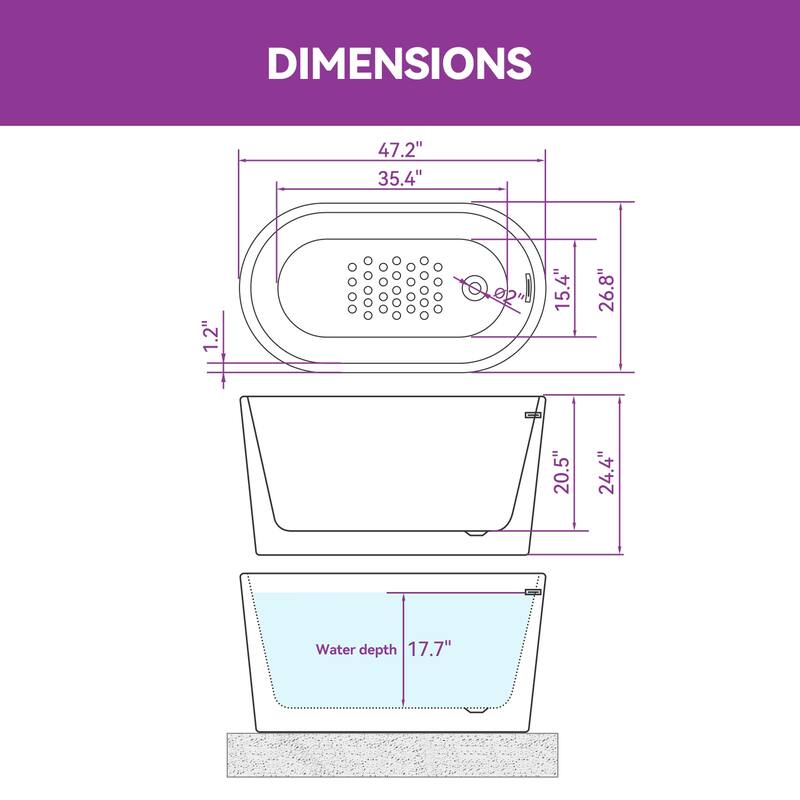 HOROW 47 x 26.8 Inch Soaking Bathtub with Side Drain White with Matte Black Trim