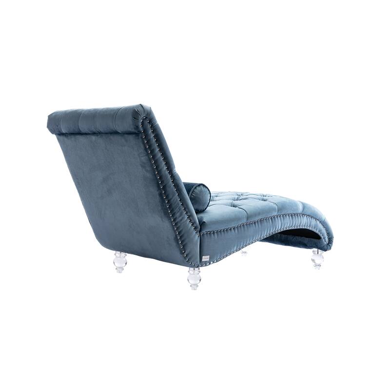 Velvet Tufted Chaise Lounge Chair Ergonomic S Shape Recliner with Pillow, Nailhead Trim and Acrylic Legs for Indoor Use