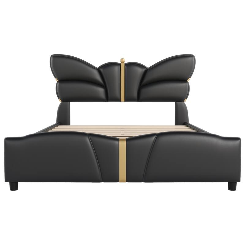 Queen Size Upholstered PU Leather Bed Frame with Butterfly Headboard, Gold Metal Decorations, No Box Spring Needed, Black