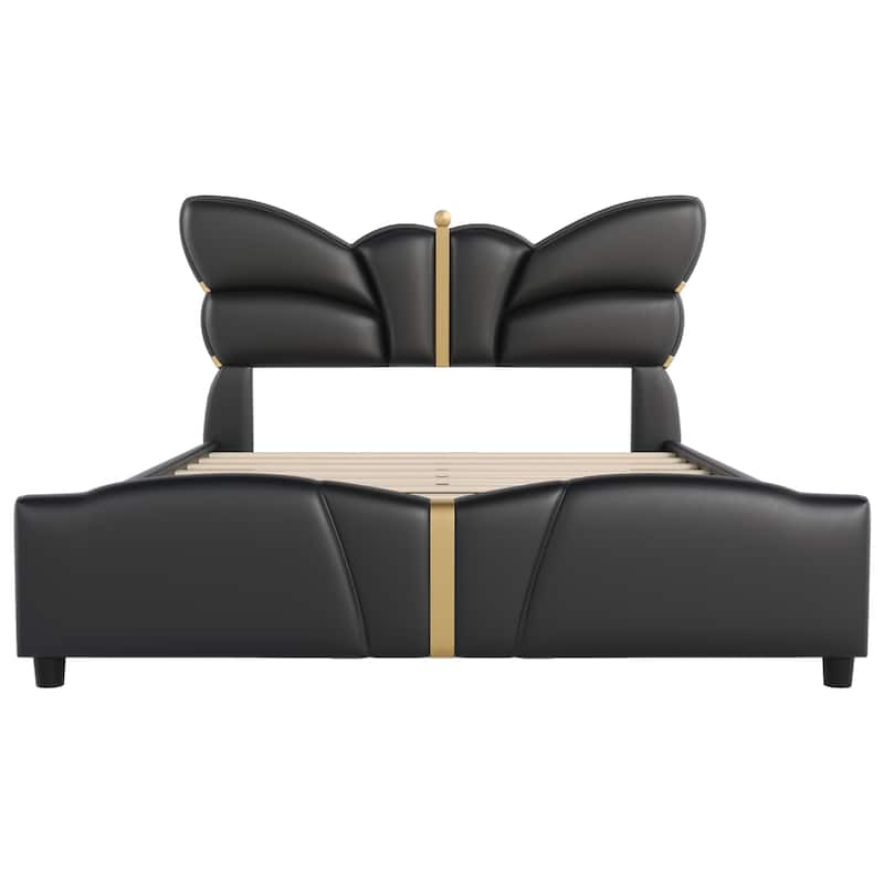 Roomfitters Queen Size Upholstered Platform Bed Frame with Butterfly Headboard, Faux Leather, Gold Accent Trim