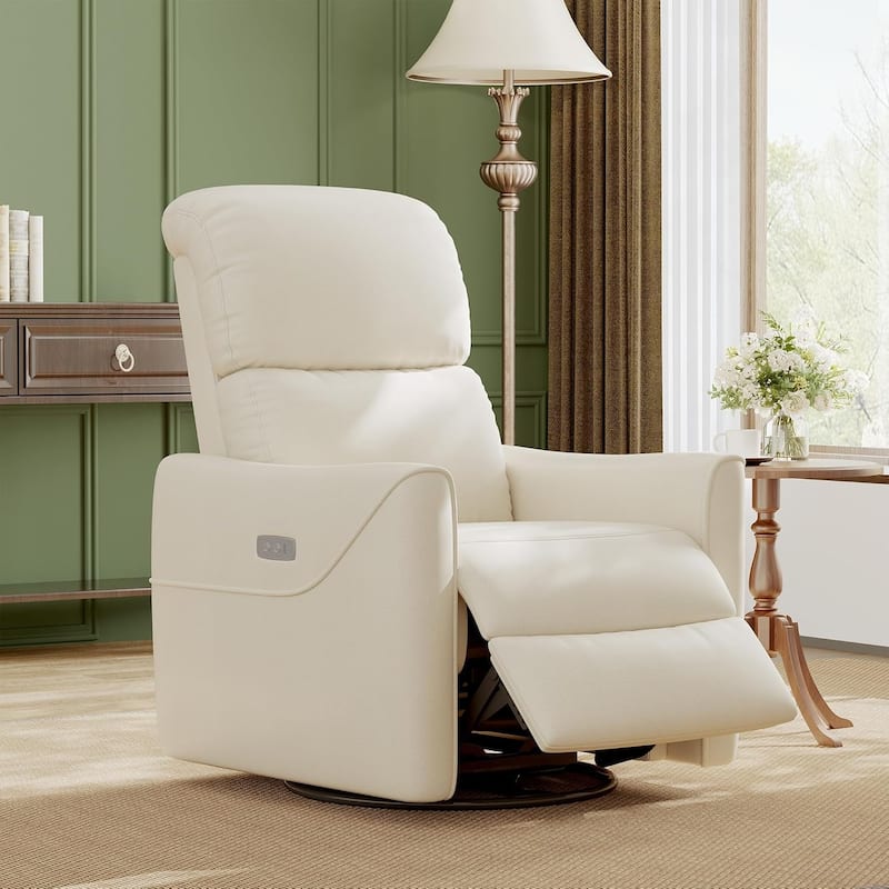 Swivel Rocking Recliner Chair, Faux Leather Upholstered Glider with Lumbar Support, High Back, Manual Recline - Off White