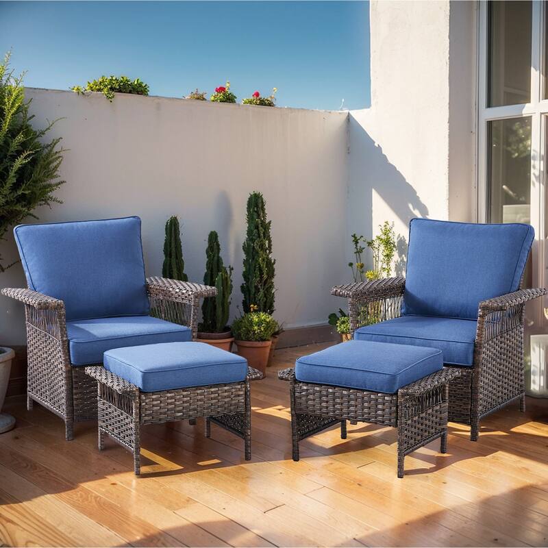 Pocassy Outdoor Swivel Chairs with Sofa Chair Ottoman and Table Set - Brown Wicker Blue Cushion - 4-Piece Patio Chair with Ottoman
