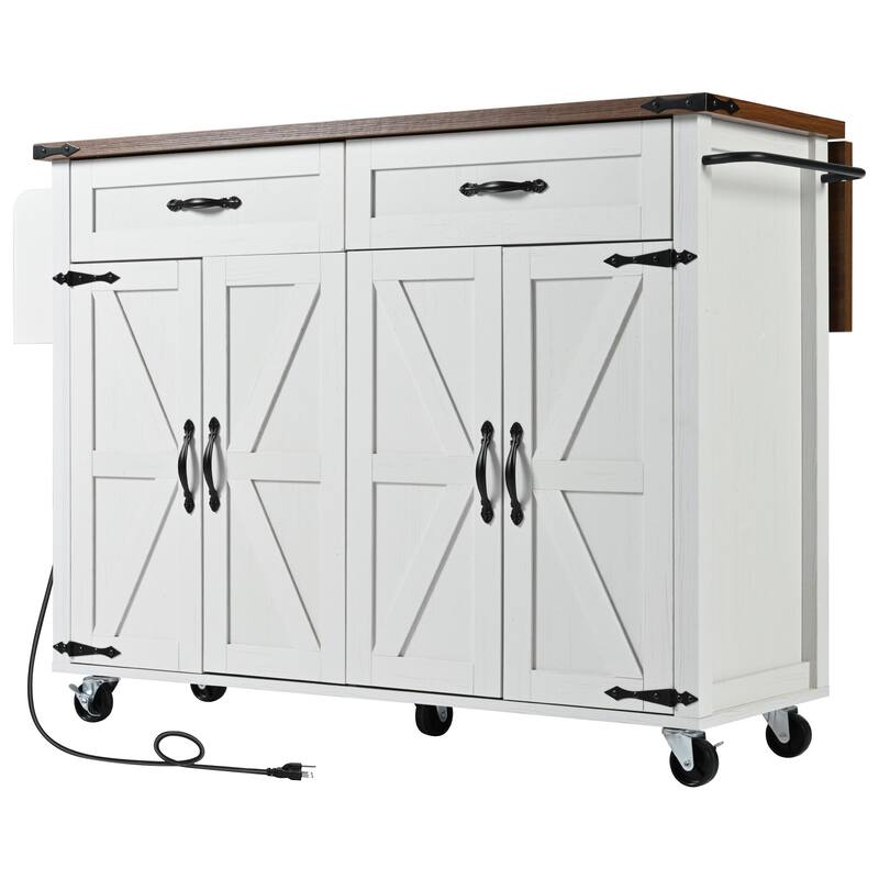 53.5'' Farmhouse Kitchen Cart with Power Outlet, Drop Leaf, Spice Rack, Two Drawers, and Five Wheels