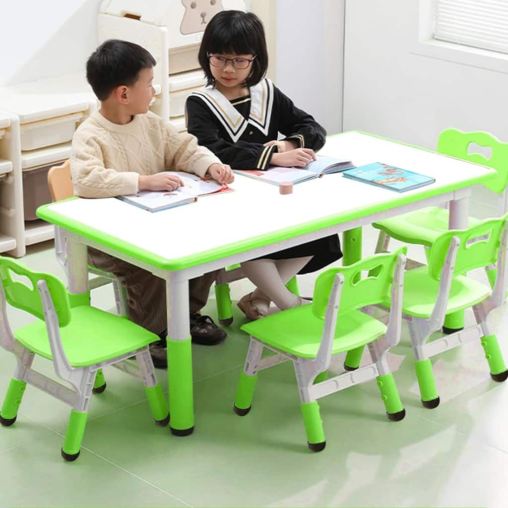 Kids Table and Chairs Set, Height Adjustable Desk with 6 Seats for Ages 2-10