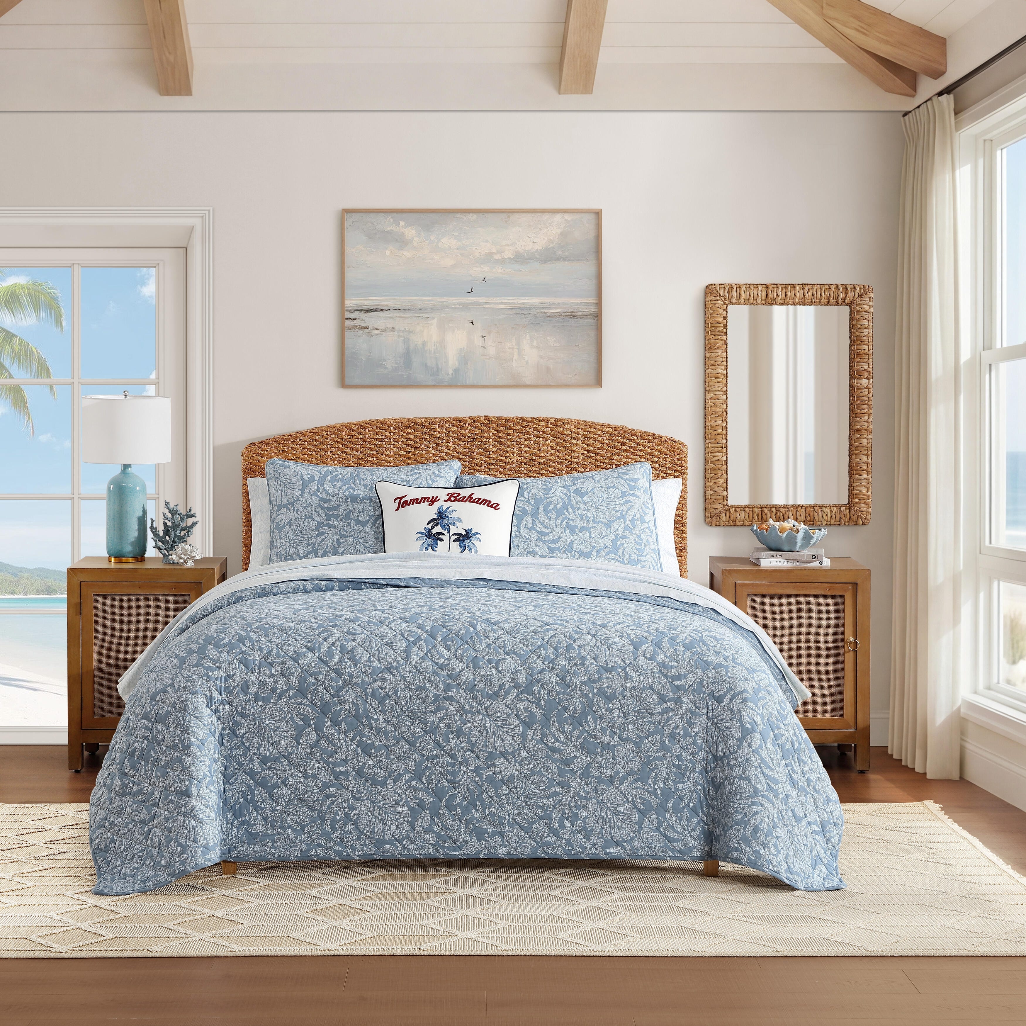 Tommy Bahama Palm Dot Cotton Reversible Blue Quilt Set
