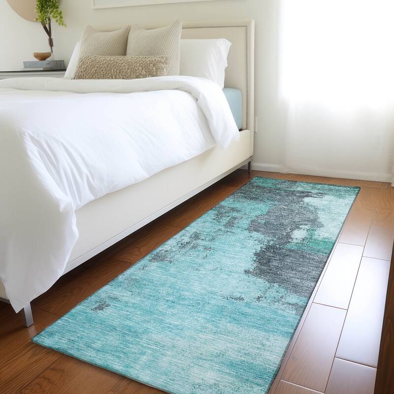 Machine Washable Indoor/ Outdoor Contemporary Abstract Chantille Rug - Teal - 2'3" x 7'6"