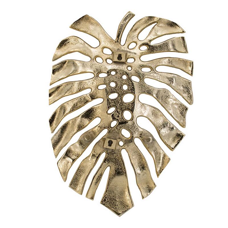 Linzo 19 Inch Aluminum Wall Hanging Bowl, Monstera Leaf, Bright Gold Finish
