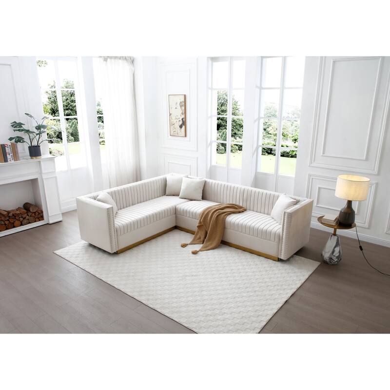 100.8'' Modern Velvet Corner 6 Seater Sectional Sofa with 4 Pillows and Vertical Channel Tufting, for Living Room - Beige