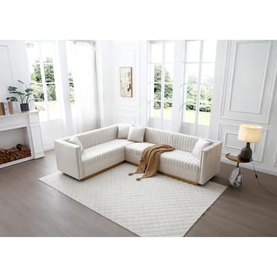Beige 100.8'' Modern Velvet Corner 6-Seat Sectional Sofa with 4 Cushions and Vertical Channel Tufting, Perfect for Living Room