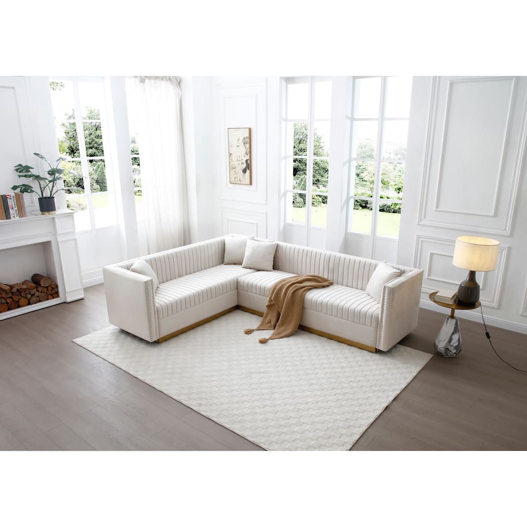 Beige 100.8'' Modern Velvet Corner 6-Seat Sectional Sofa with 4 Cushions and Vertical Channel Tufting, Perfect for Living Room
