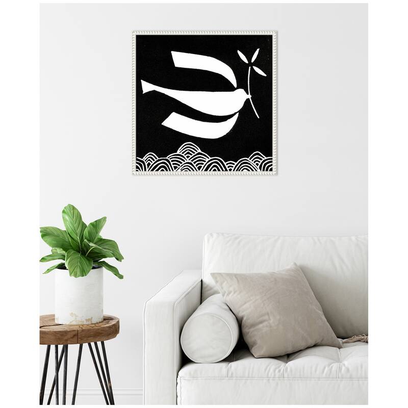 Kate and Laurel Sylvie Volare 2 Black and White Bird Linocut Framed Canvas by Giuliana Lazzerini