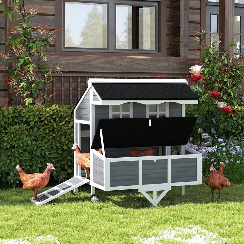 PawHut 43" Chicken Coop with Wheels, Mobile Chicken House with Nesting Box, Windows, Pull-out Tray, Perches