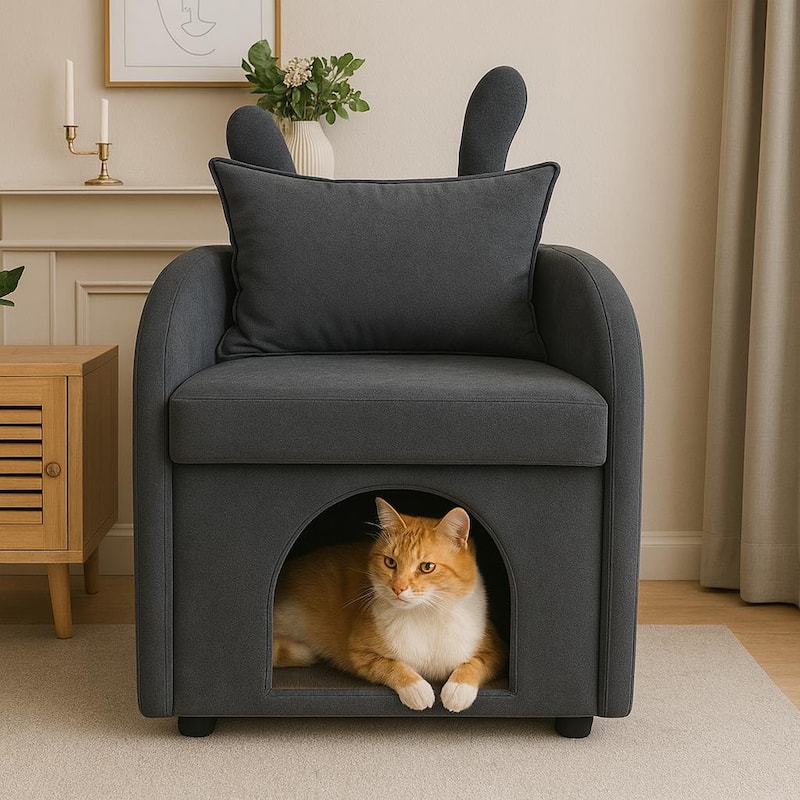 Velvet Bunny-Ear Pet-Friendly Armchair with Built-in Cat & Dog Hideaway, Plush Dual-Use Sofa Chair