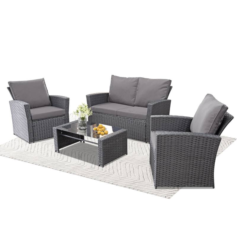 5-Piece Wicker Outdoor Sofa Set with Fire Pit Table - Black/Gray