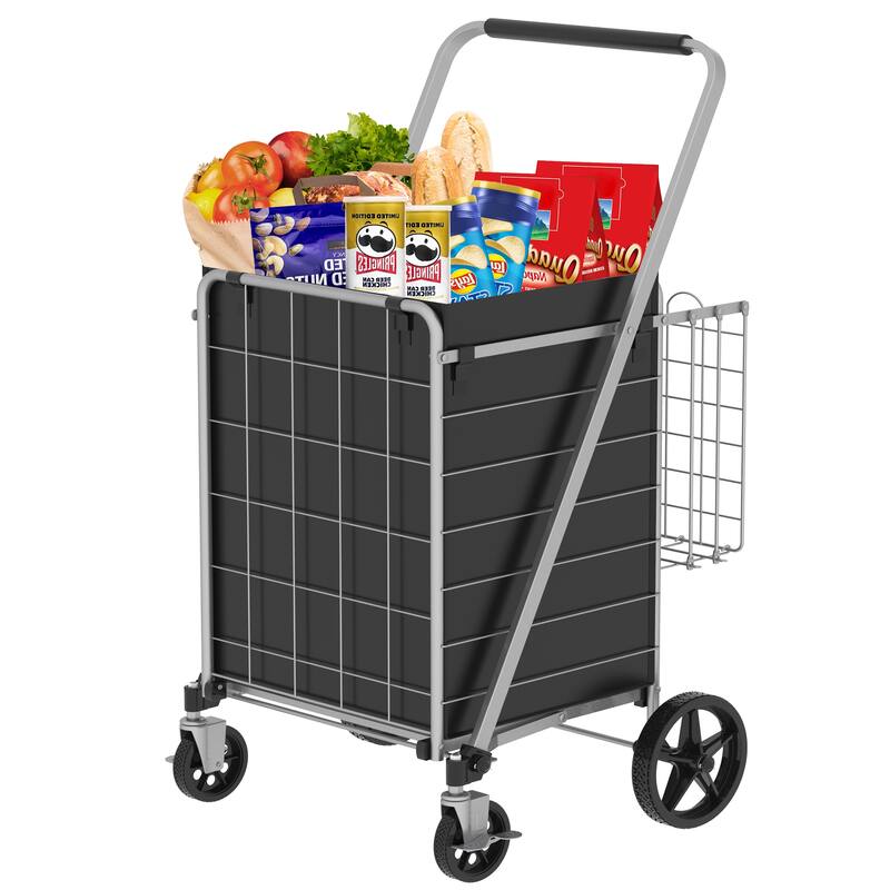 Foldable Grocery Shopping Cart w/ Brake & Double Basket and 360 Rolling Swivel Wheels