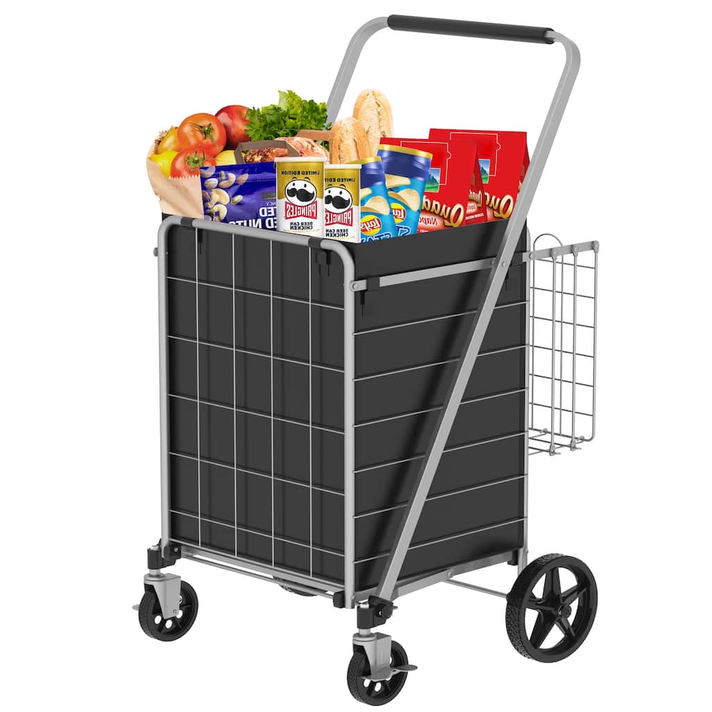 Foldable Grocery Shopping Cart w/ Brake & Double Basket and 360 Rolling Swivel Wheels
