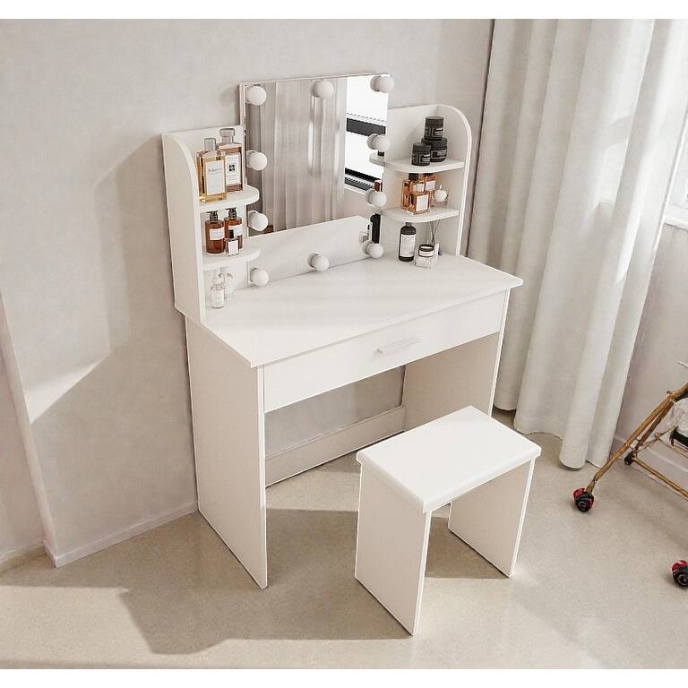 Modern One-Drawer Vanity Table with Adjustable Mirror, Stool & Storage Shelves, Compact Makeup Desk for Small Bedrooms