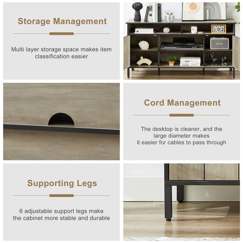 58 Inch Farmhouse TV Stand for up to 65" TV with Doors and Open Shelves Media Console Power Outlet