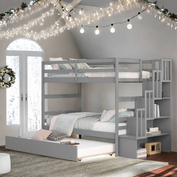 slide 2 of 26, Modern & Clean Design Twin over Twin Bunk Beds With Twin Trundle and Stairway Storage Function White
