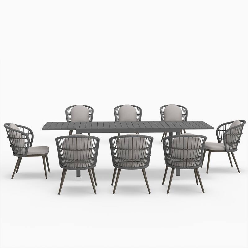 9-Piece Rope-Woven Aluminum Outdoor Dining Set with Extendable Table