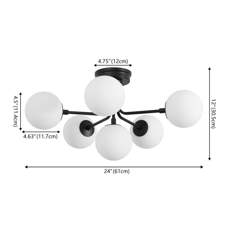 24" 6-Light Globe Modern Industrial Iron Bistro LED Semi Flush Mount, By JONATHAN Y