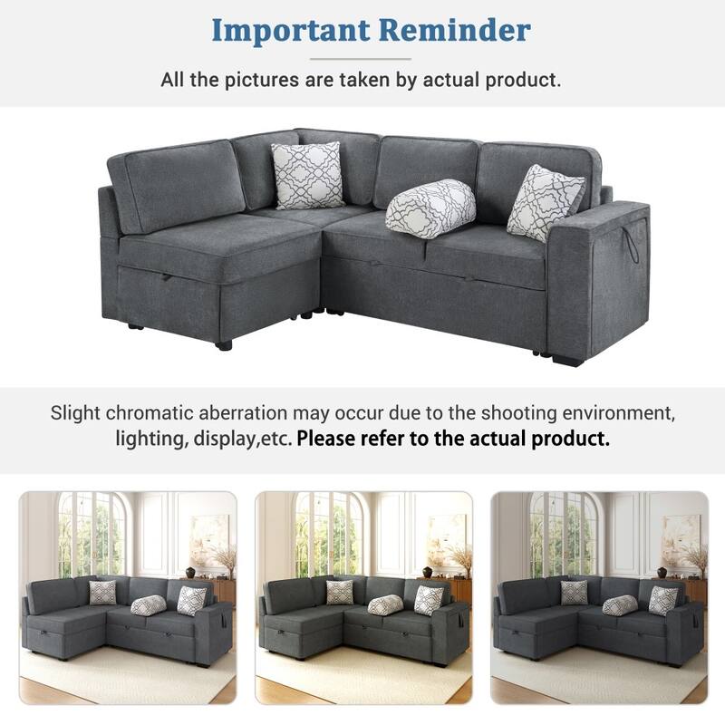 83.9" L-shaped Convertible Sectional Sofa with Dual Pull-out Sleepers, Flip-Top Table, USB Ports, Cup Holder