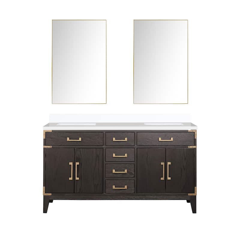 Laurel 60 in W x 22 in D Black Oak Double Bath Vanity, White Quartz Top, and 28 in Mirrors