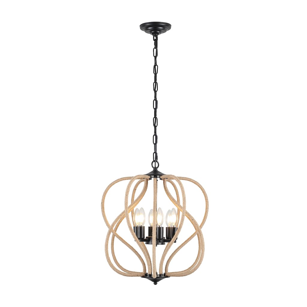 6-Light Rustic Rope - Wrapped Metal Chandelier, Adjustable Height, E12 Bulb Compatible - Matte Black