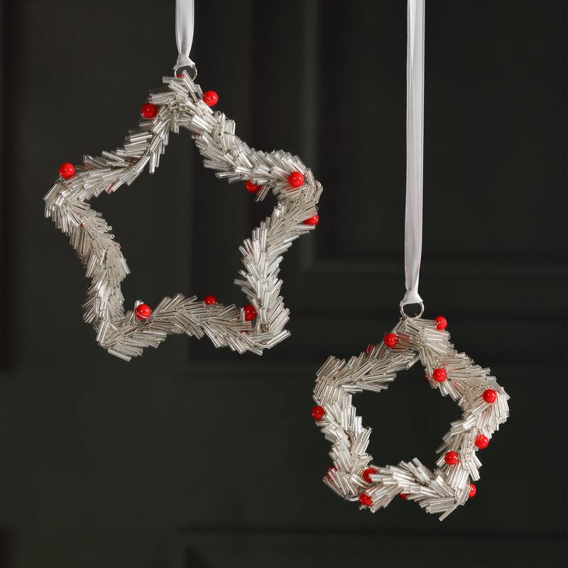Festive Beaded Christmas Star Hanging Ornaments with Red Berries, Set of 12, 4"