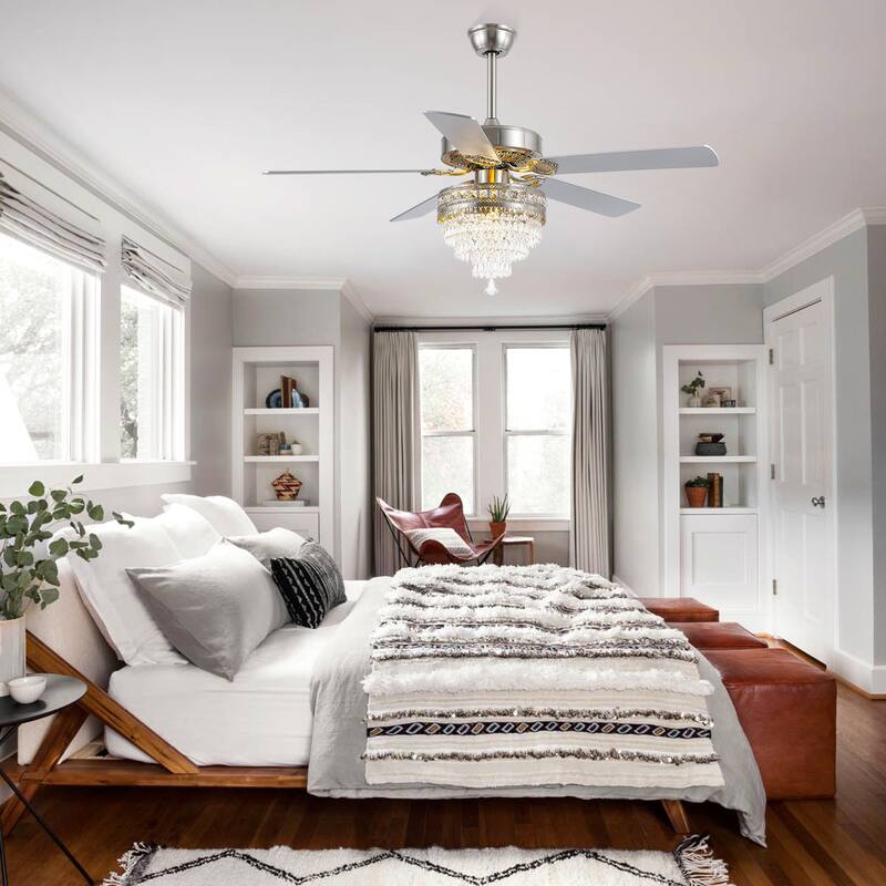 52 Inches Crystal Ceiling Fan Light,Chandelier,APP and Remote Control,5 Dual Side Plywood Blades,Reversible AC Motor - 52 Inches