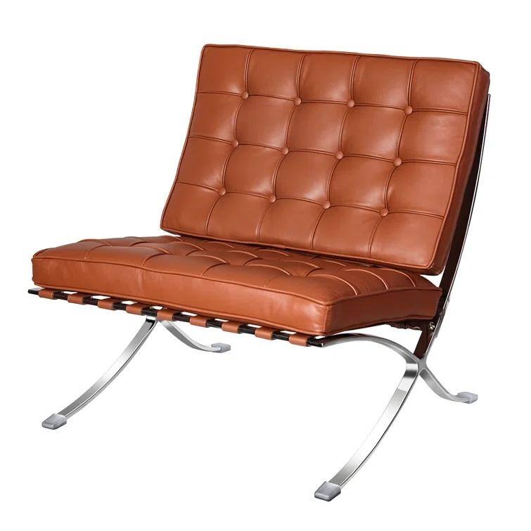 Mid Century Tufted Top Grain Leather Upholstered Lounge Chair