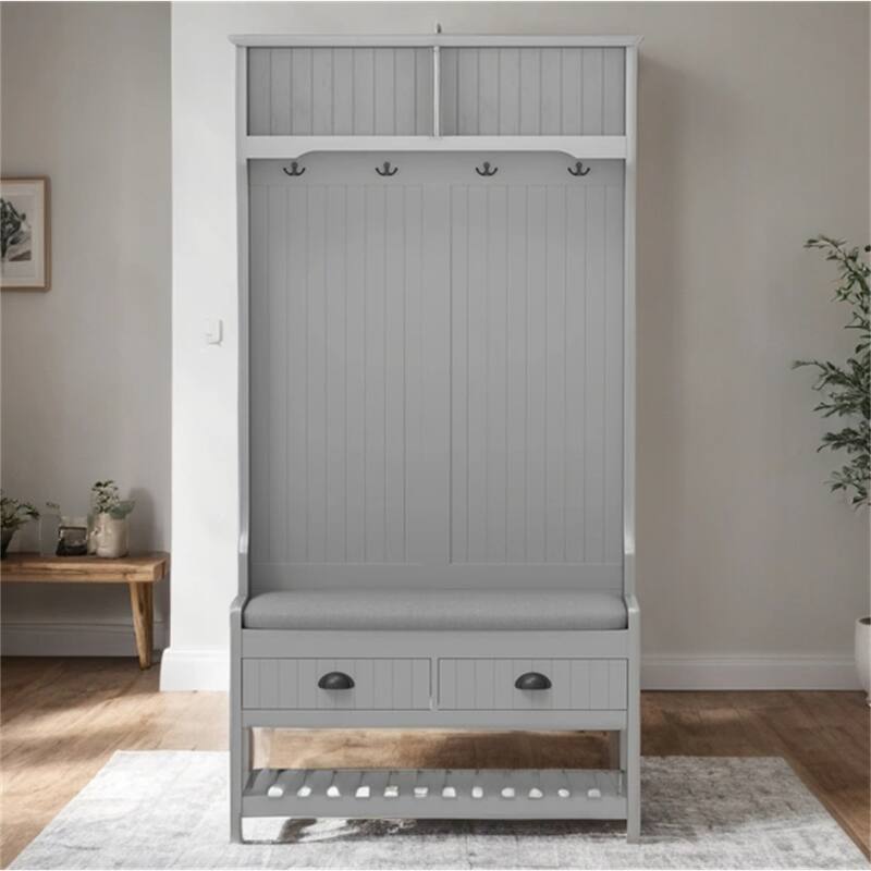 3-in-1 Wood Coat Rack with 2 Storage Drawer and Padded Seat Cushion