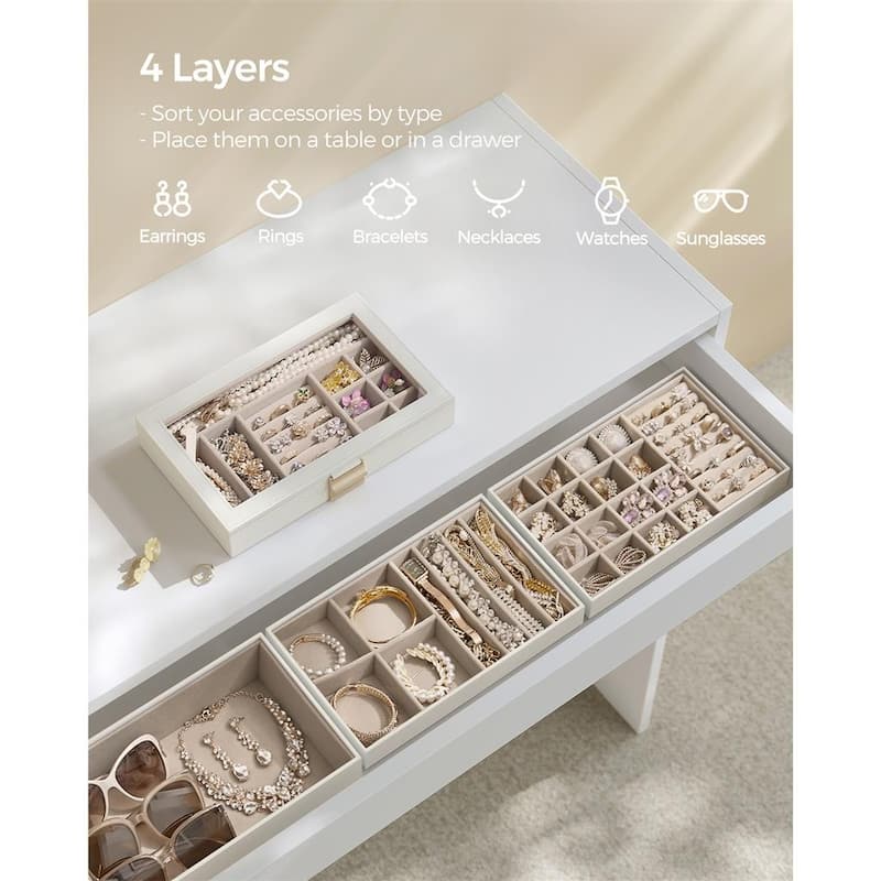 Multi-Layer Jewelry Storage Box with Stackable Trays and Soft Velvet Interior Protection and Glass Lid