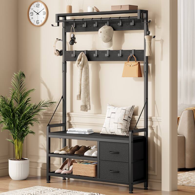 6-in-1 39.4"Hall Tree with Bench Entryway Shoe Rack w/24 Hooks & 2 Drawers - Black