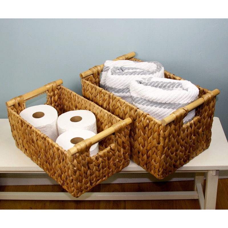 mDesign Hyacinth Braided Woven Pantry Bin Basket, Handles, 3 Pack,  Natural/Tan 