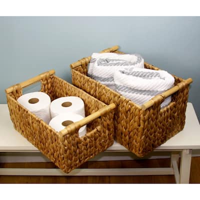 Hyacinth Nesting Baskets Wood Handles 2-Pack - 16"L" x 10"W x 9"H - 16"x10"x9"