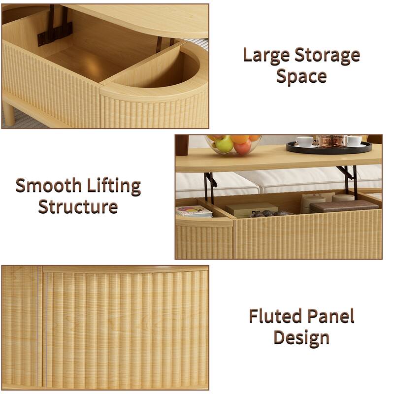 Fluted Lift Top Coffee Table with Hidden Compartment, End Table Natural Wood Side Table Center Table