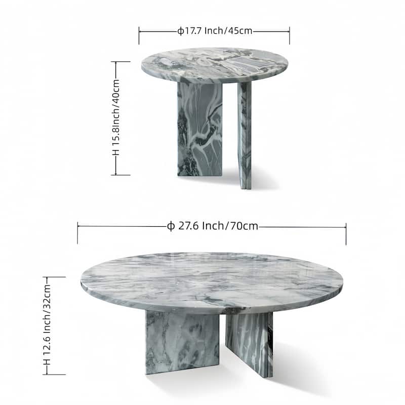 Roomfitters Marble Coffee Table Set, Round Living Room Tables, Solid Stone Modern Accent Table Set, Genuine Marble