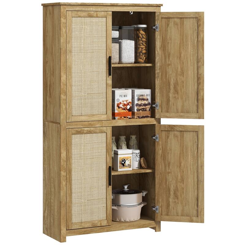 64" Rattan Kitchen Storage Cabinet with Adjustable Shelf for Kitchen, Dining Room, Living Room, Natural - Brown