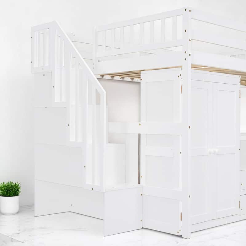 Twin/Full Size Loft Bed with Desk, Wardrobe, Drawers & Stairs, Wood Frame Study Bed with Storage for Kids/Teens