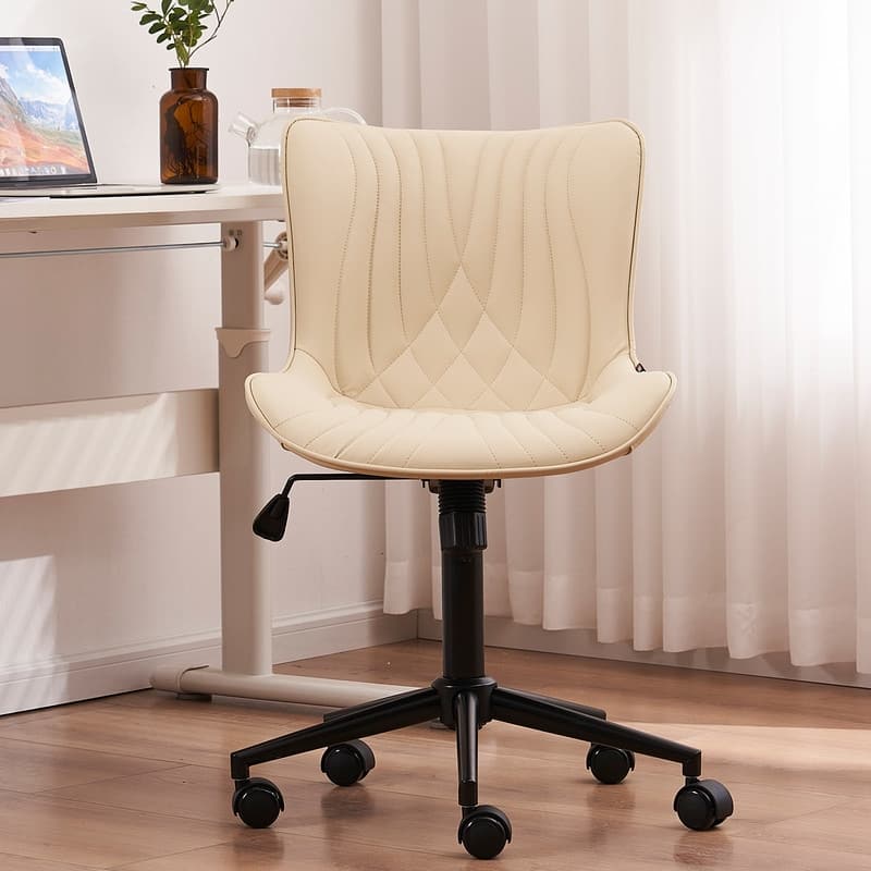 Modern Office Chair, Faux Leather Padded Desk Chair with Back, Wheels - Beige