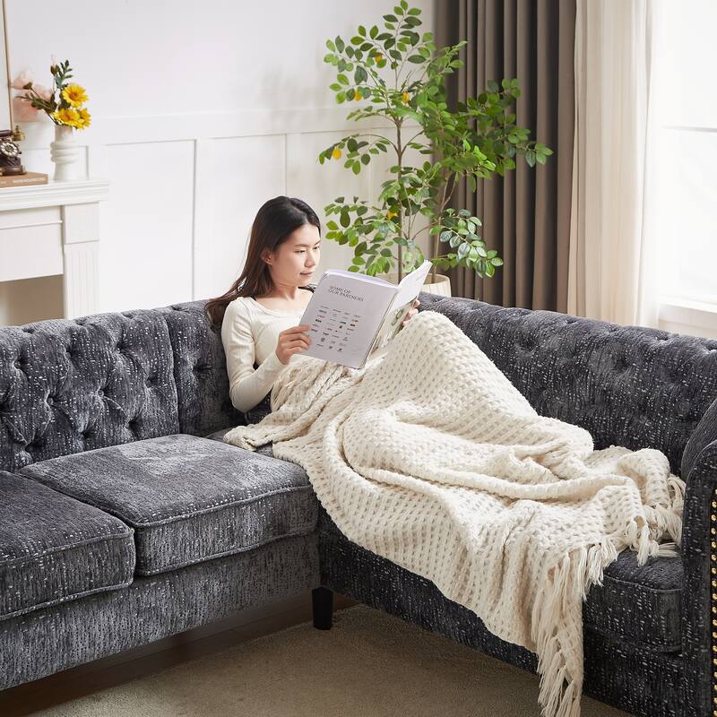 Grey 81.5'' L-Shaped 5-Seater Chenille Sectional Sofa with 3 Cushions, Stylish Corner Couch for Living Room, Bedroom