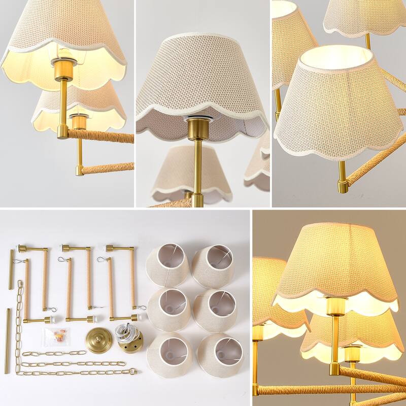 6-Light Rope + Fabric shade Chandelier,Gold Chandelier,Romantic Golden,Adjustable Pendant Lights Project Lighting - Gold