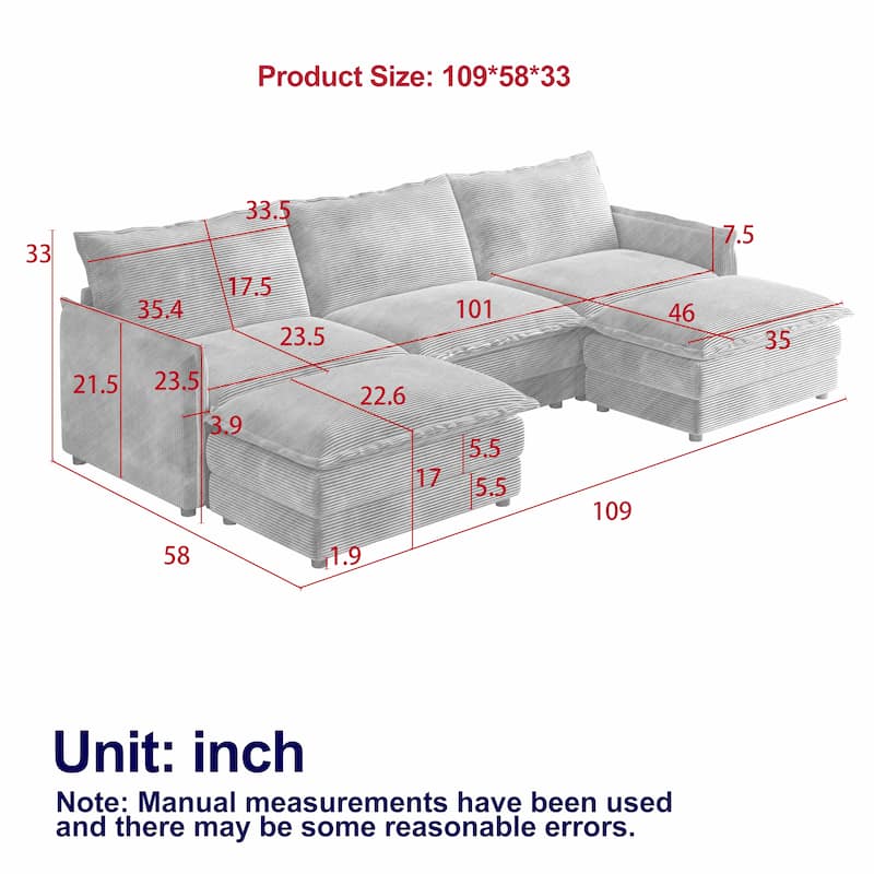 Living Room U-shaped Sectional Sofa with Chaise Corduroy Fabric Upholstered Deep Seat 3 Seater Couch with 2 Ottomans