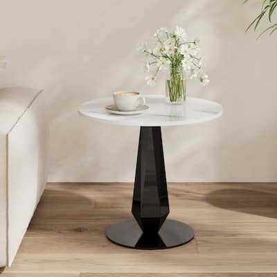 17.72" Modern Round End Table, White Glossy Sintered Stone Side Table, with Black Stainless Steel Base