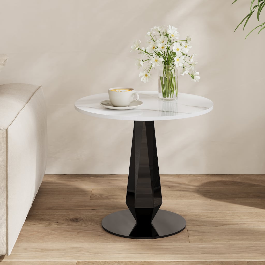 17.72" Modern Round End Table, White Glossy Sintered Stone Side Table, with Black Stainless Steel Base