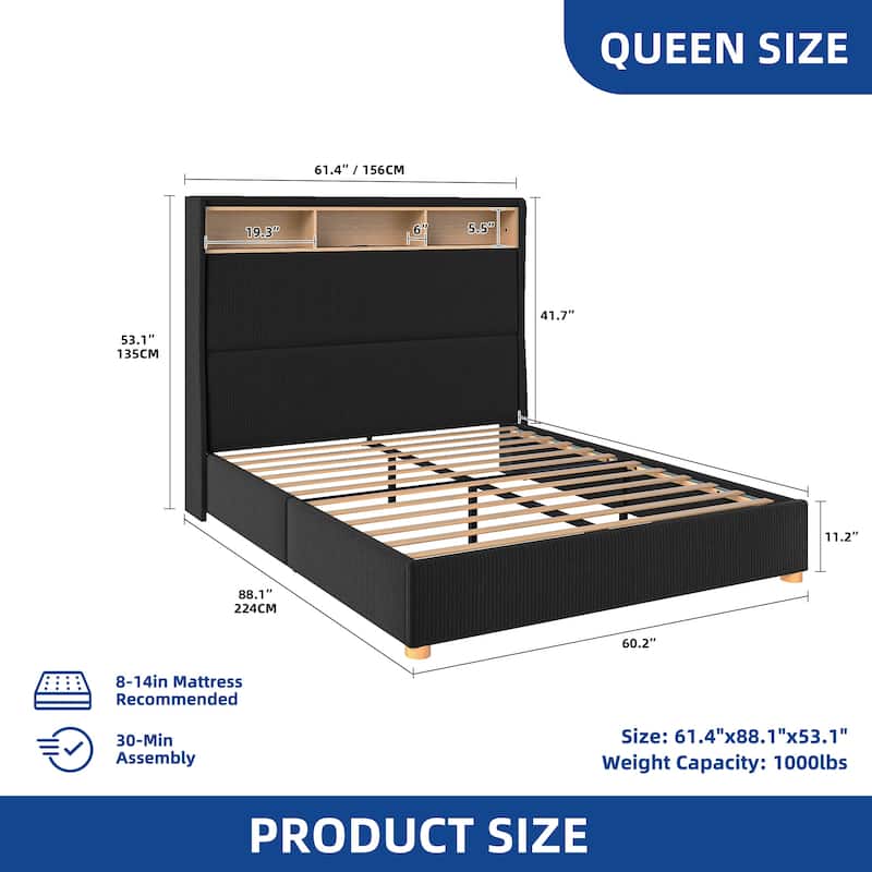 Moasis Corduroy Upholstered Platform Bed Frame with Charging Station and RGB LED Lights