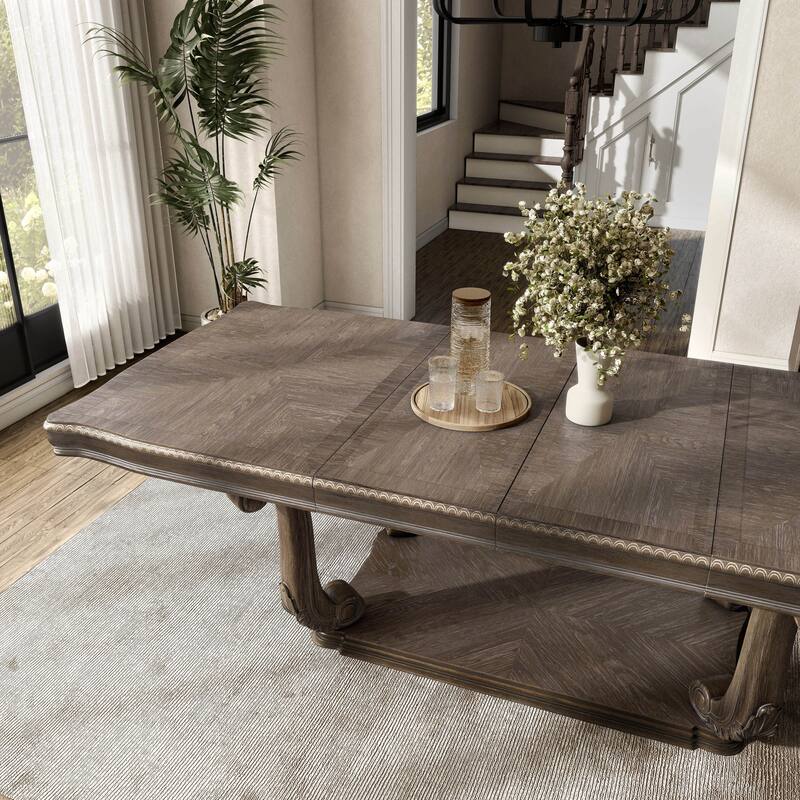 Furniture of America Cassian Traditional 9-Piece Weathered Oak Solid Wood Expandable Dining Table Set