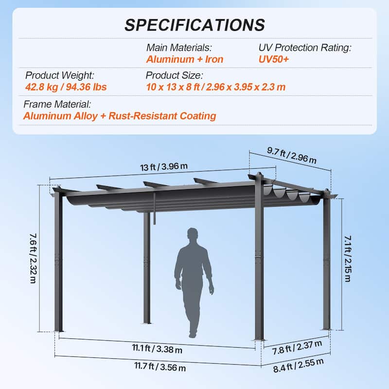 10 x 13 Feet Aluminum Outdoor Retractable Pergola with Sun Shade Adjustable Retractable Canopy