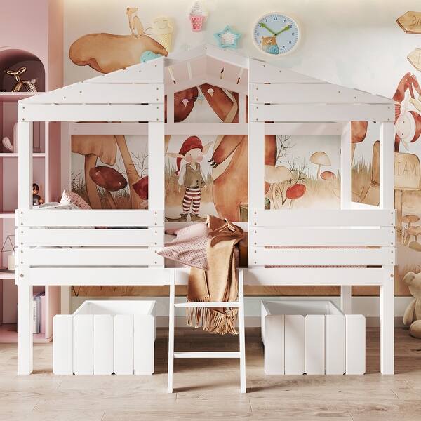 slide 2 of 28, Wood Twin Size House-shaped Low Loft with Two Drawers, Ladder and Guardrail White